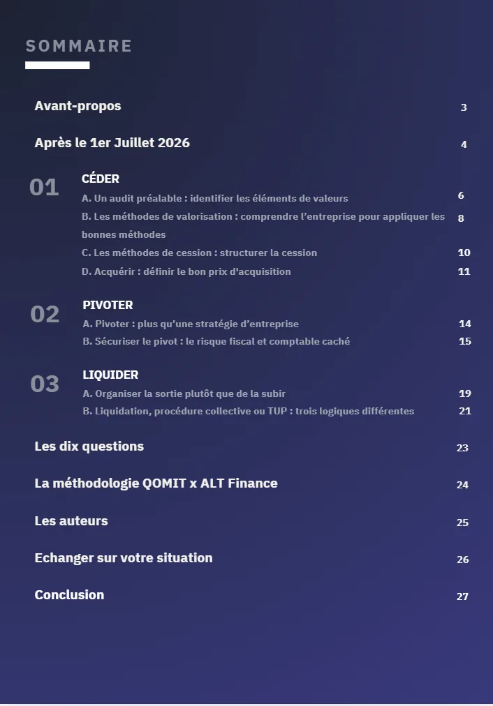 Sommaire du livre blanc : céder, pivoter, liquider, les dix questions, la méthodologie QOMIT x ALT Finance