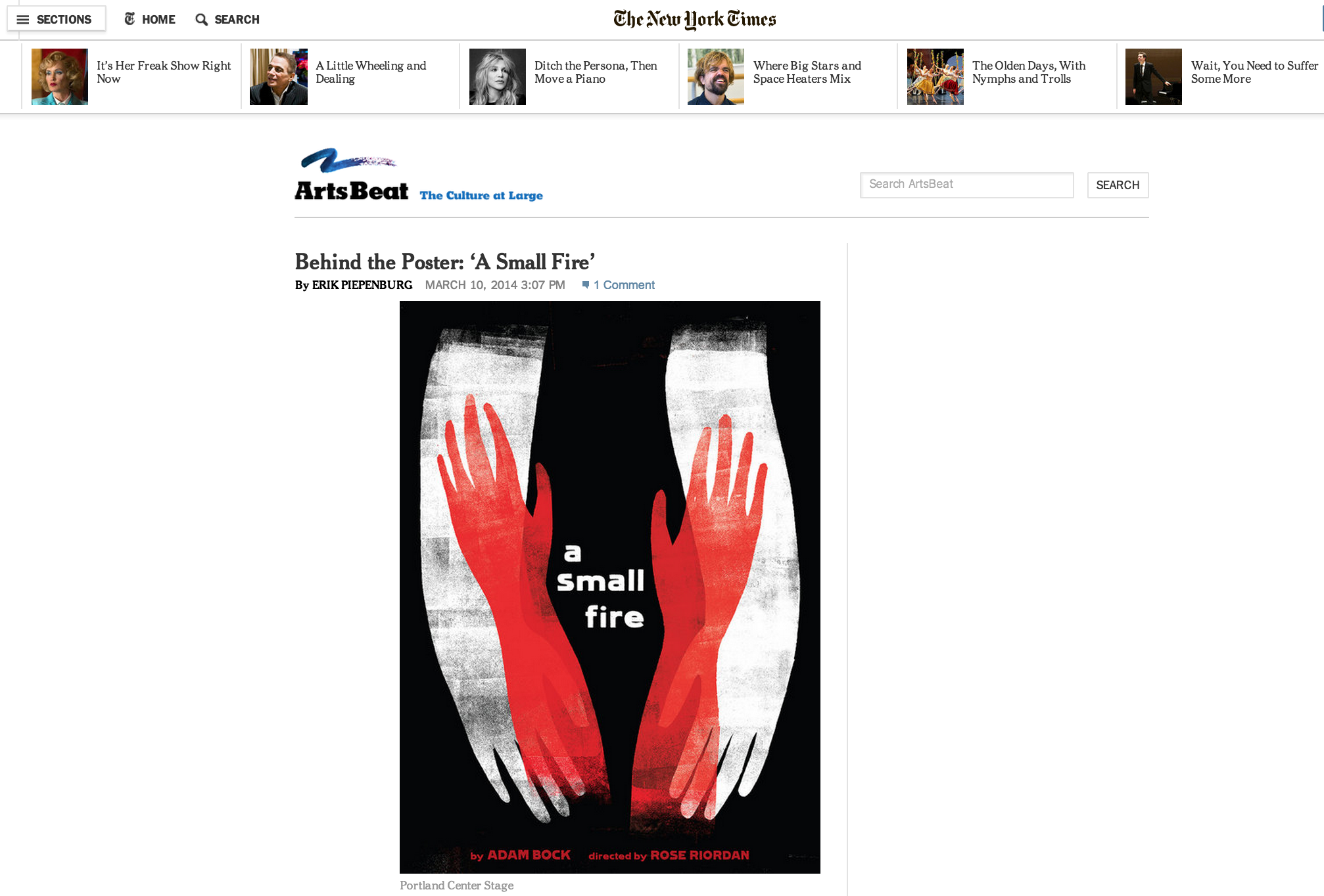 Featured on the New York Times Arts Beat, McNamara's Poster for "A Small Fire."