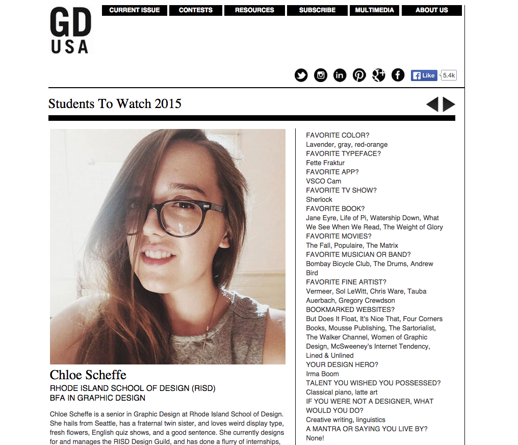 Chloe Scheffe featured on Graphic Design USA as Students to Watch 2015.
