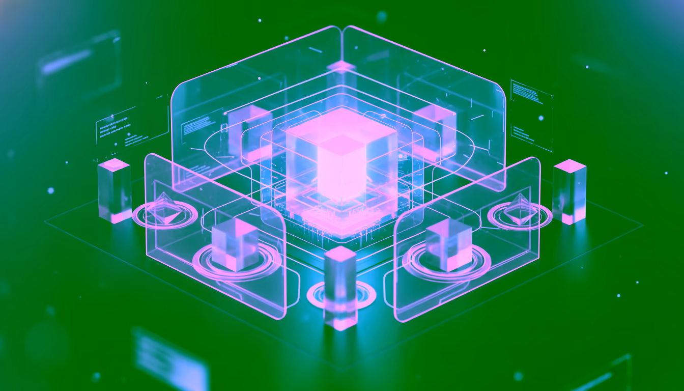 Futuristic digital visualization of interconnected glowing blue cubes and data panels representing AI governance or technology networks.