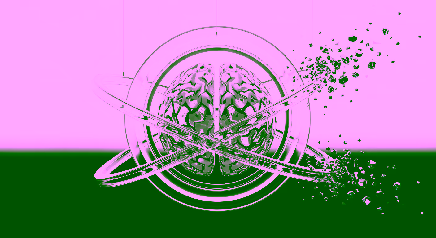 Metallic brain enclosed by intersecting transparent rings with fragmented crystal-like shards dispersing on the right side.