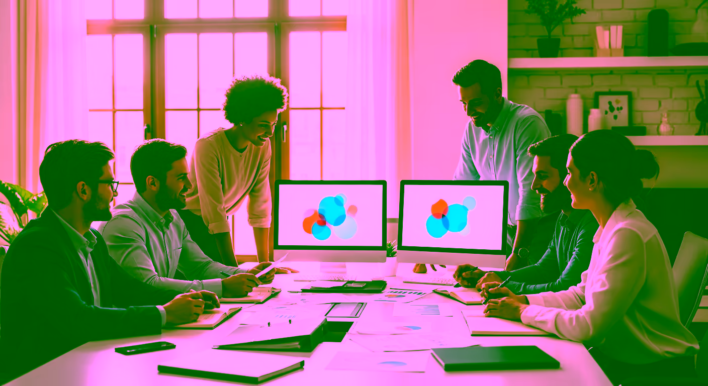 Six professionals collaborating around a table with laptops and documents in a bright office.