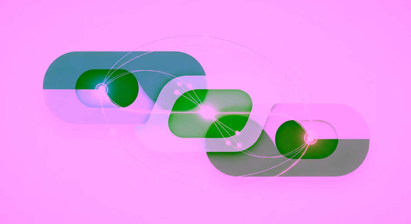 Three interconnected rounded rectangles in blue, green, and gray with glowing nodes and light trails representing digital network connections.