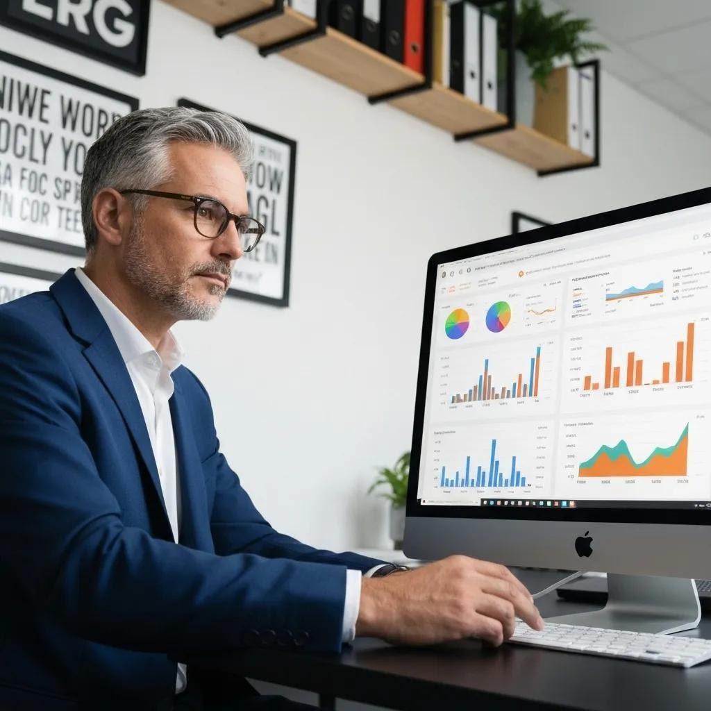 A marketing professional meticulously analyzing Google Ads performance metrics in a modern office environment.