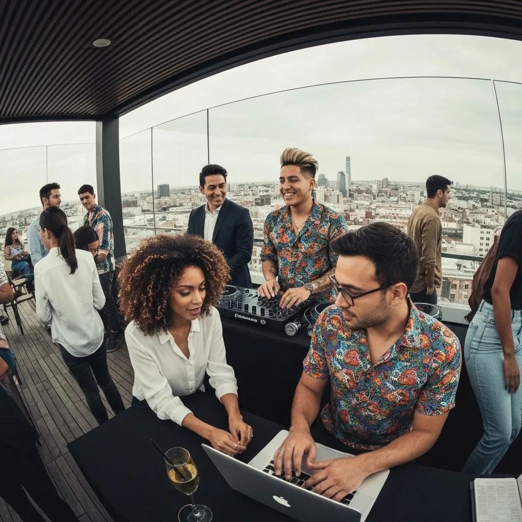 A group of young professionals actively brainstorming social media advertising strategies in a vibrant, creative workspace.
