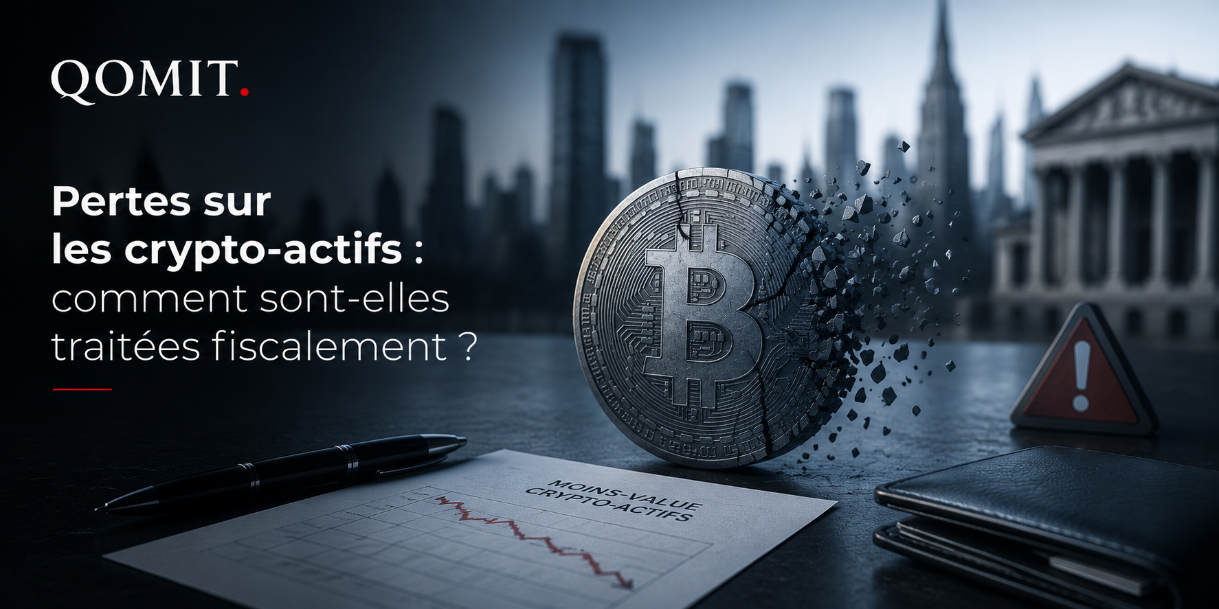 Illustration QOMIT : une pièce de bitcoin qui se désagrège, symbolisant les pertes sur crypto-actifs et leur traitement fiscal (moins-value).