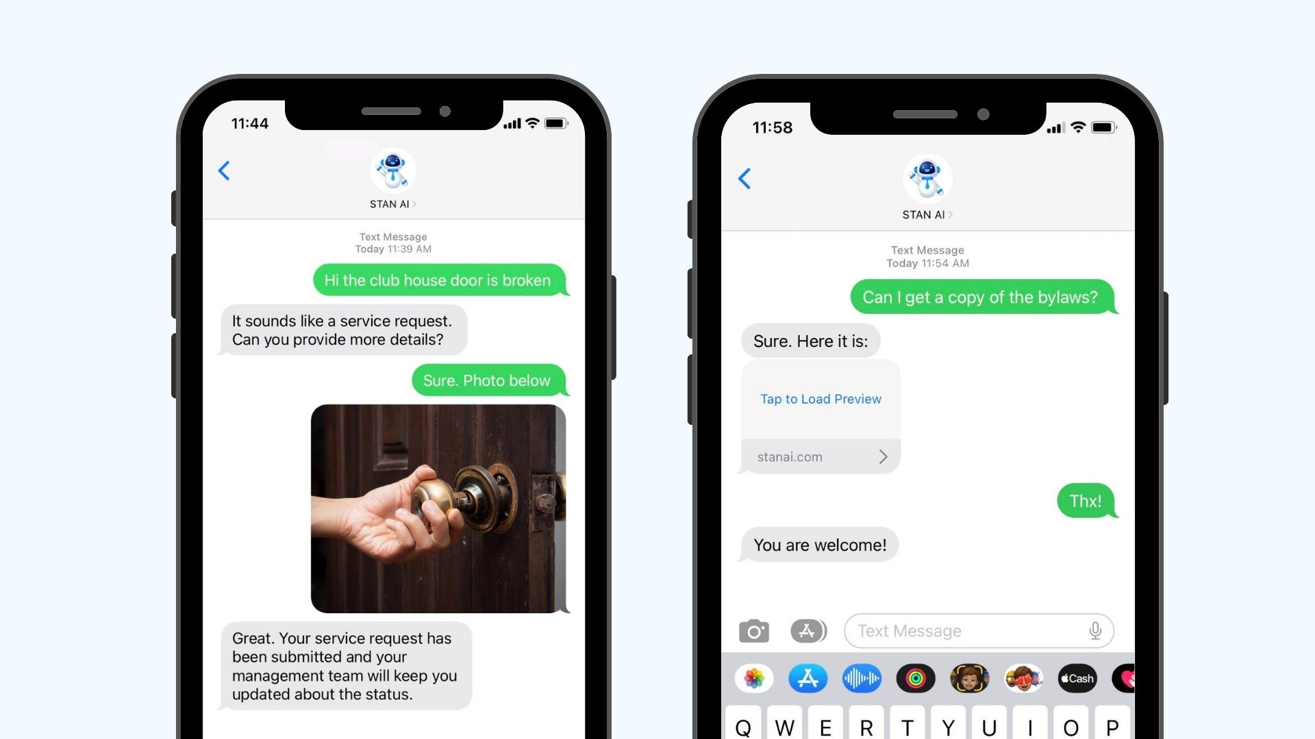 Hand adjusting broken doorknob on wooden door in chat support conversation