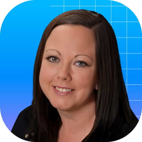 Smiling woman with long dark hair against blue gridded background