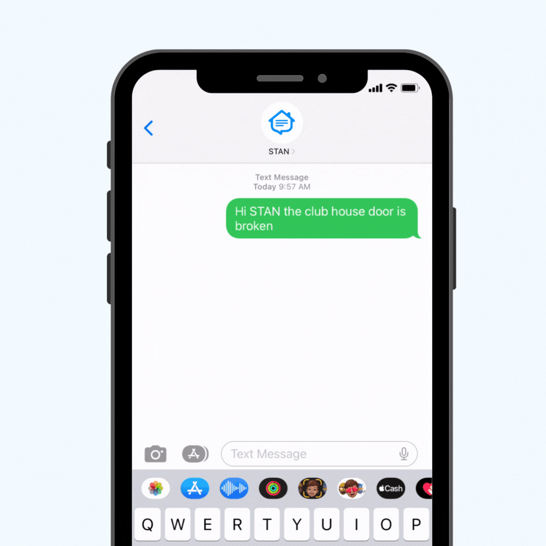 iPhone text message screen showing broken club house door notification