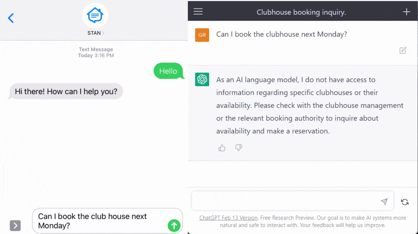 Messaging interface showing conversation about clubhouse booking inquiry