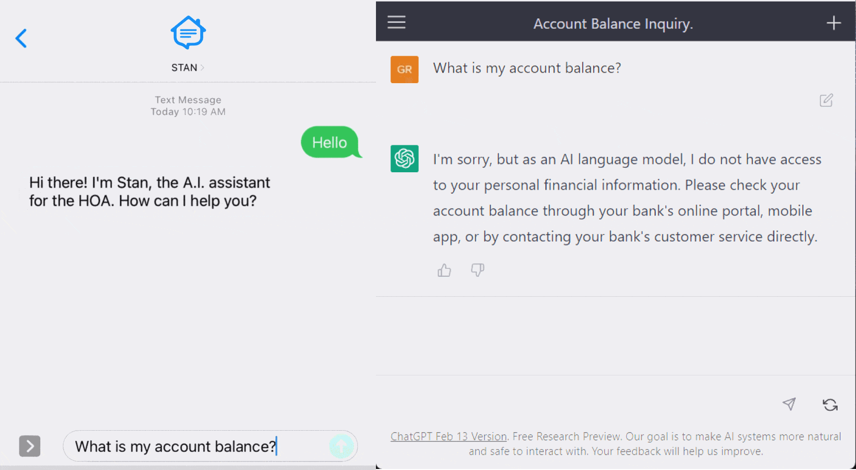 AI chatbot conversation about account balance inquiry