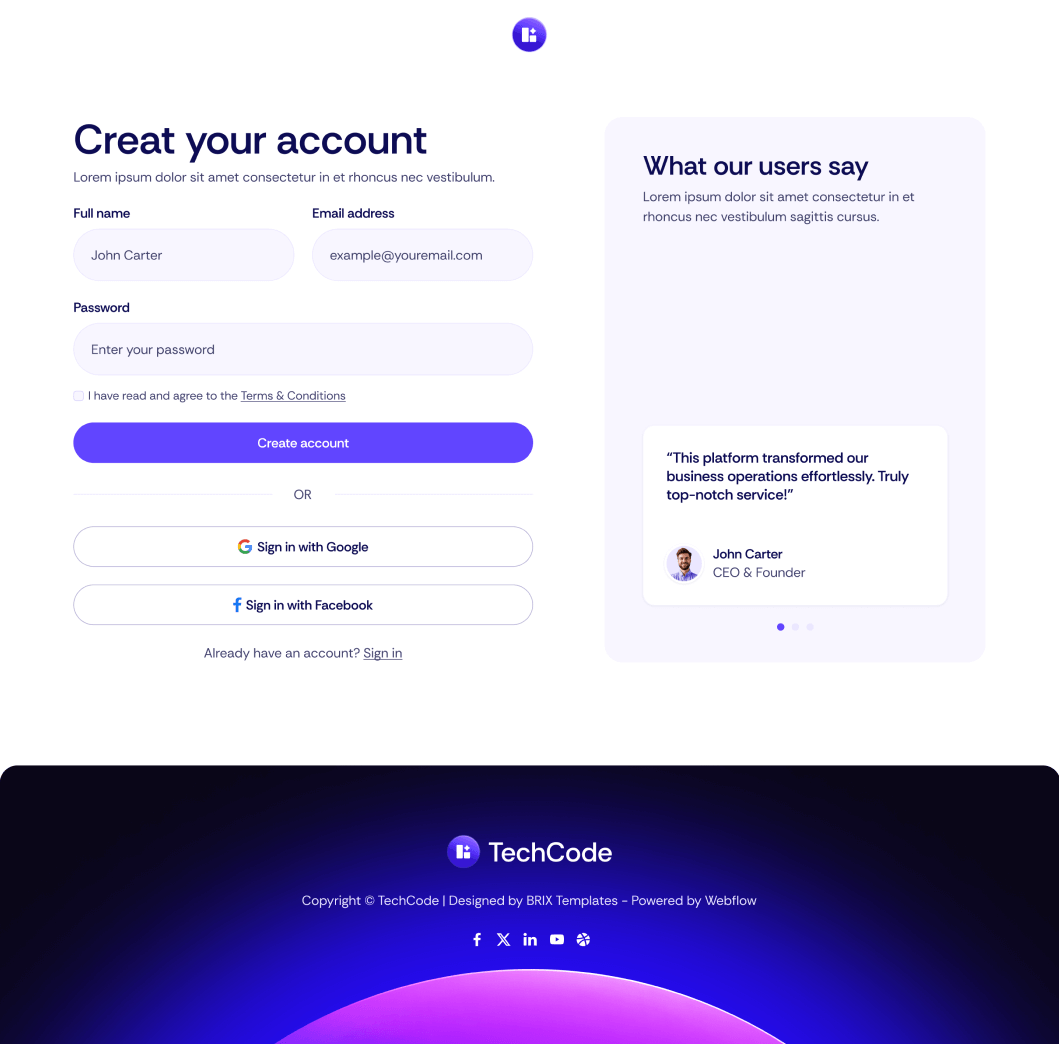 TechCode - Sign Up Utility Page - Saasfy SaaS Webflow Template | Brix Template