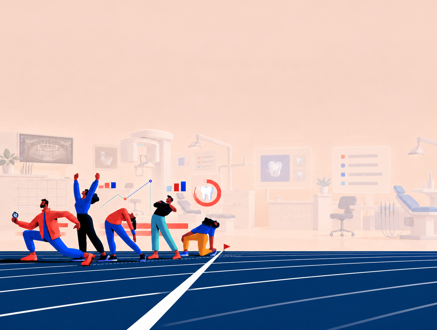 Illustration of a dental team stretching at the starting line of a running track