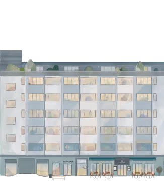 Illustration of Wide Hotel with lights on.