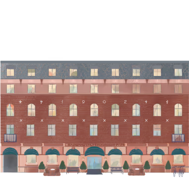 Illustration of Ascot Hotel with lights on.