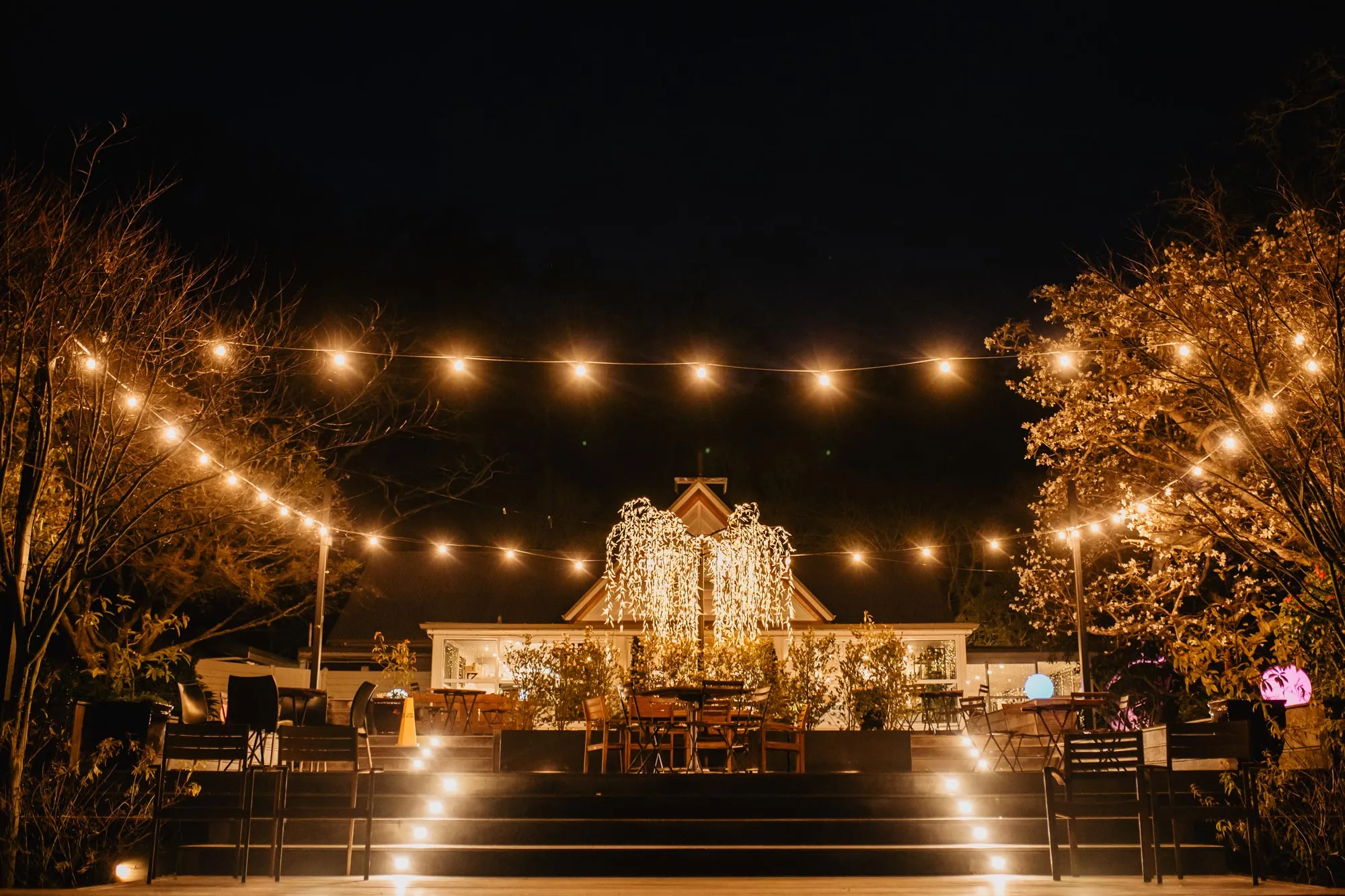 Night time on Glenfalloch deck with lights