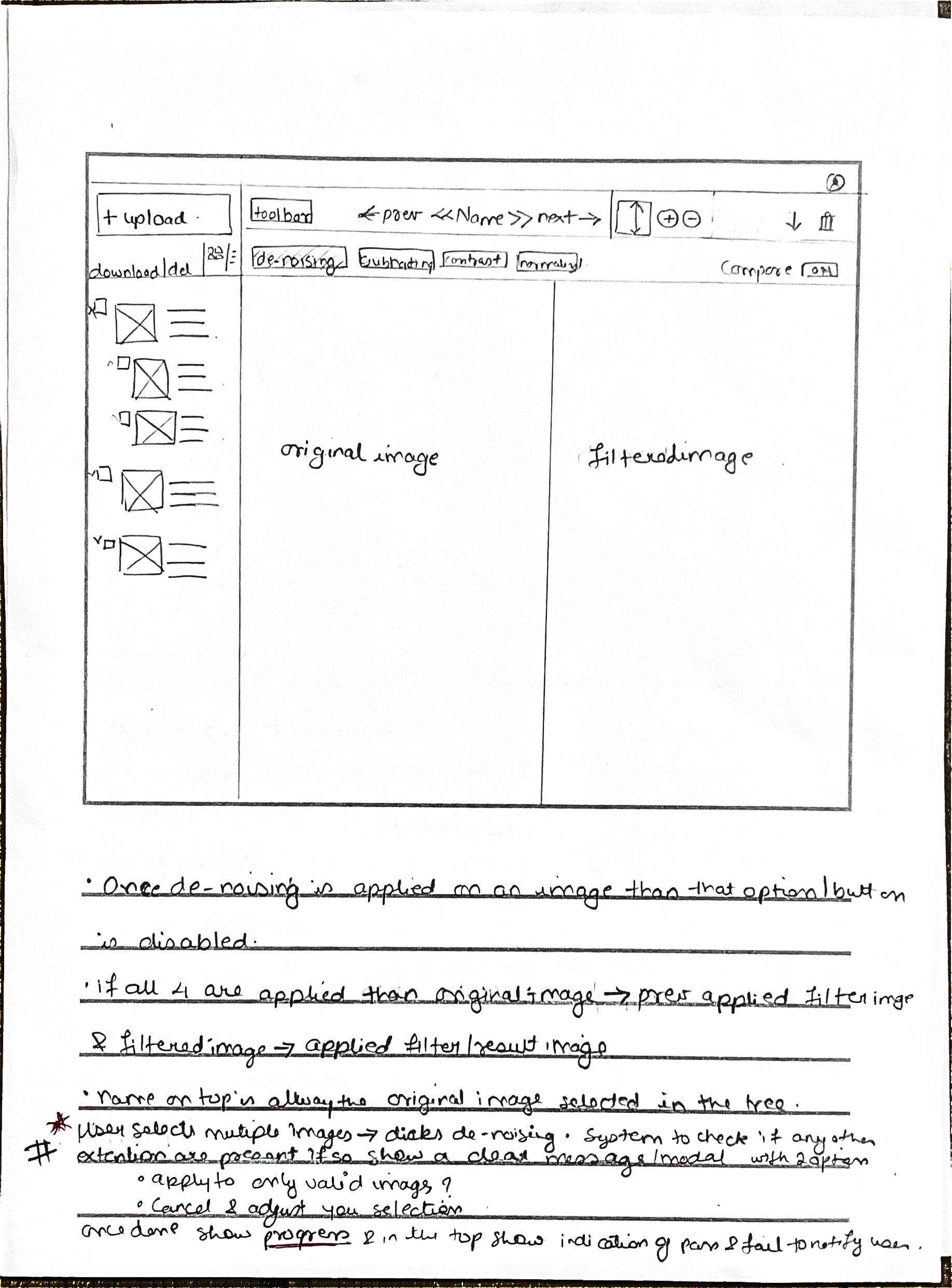 Paper sketches exploring the idea for compare feature 