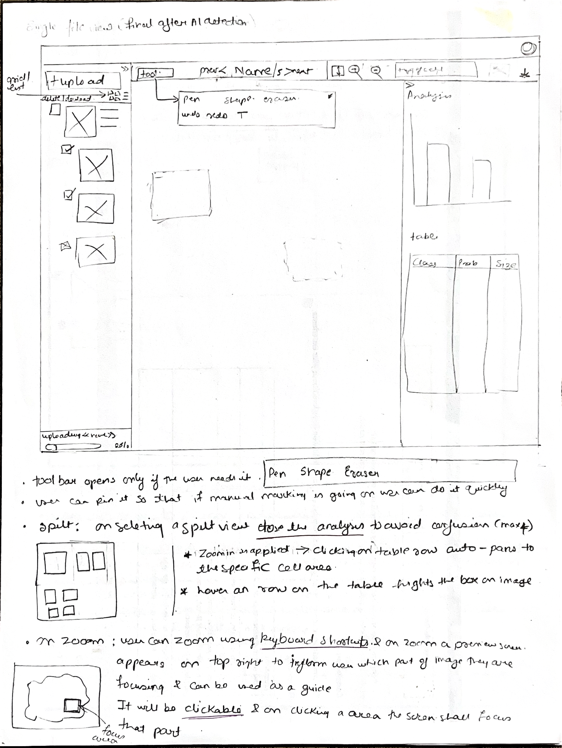 Paper sketches exploring the idea for cell detected screen toolbar view