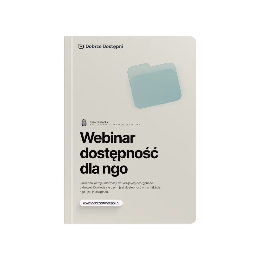 Ilustracja beżowej okładki eBooka z tytułem "Webinar dostępnośc dla ngo" i ikona zielonego folderu na okładce