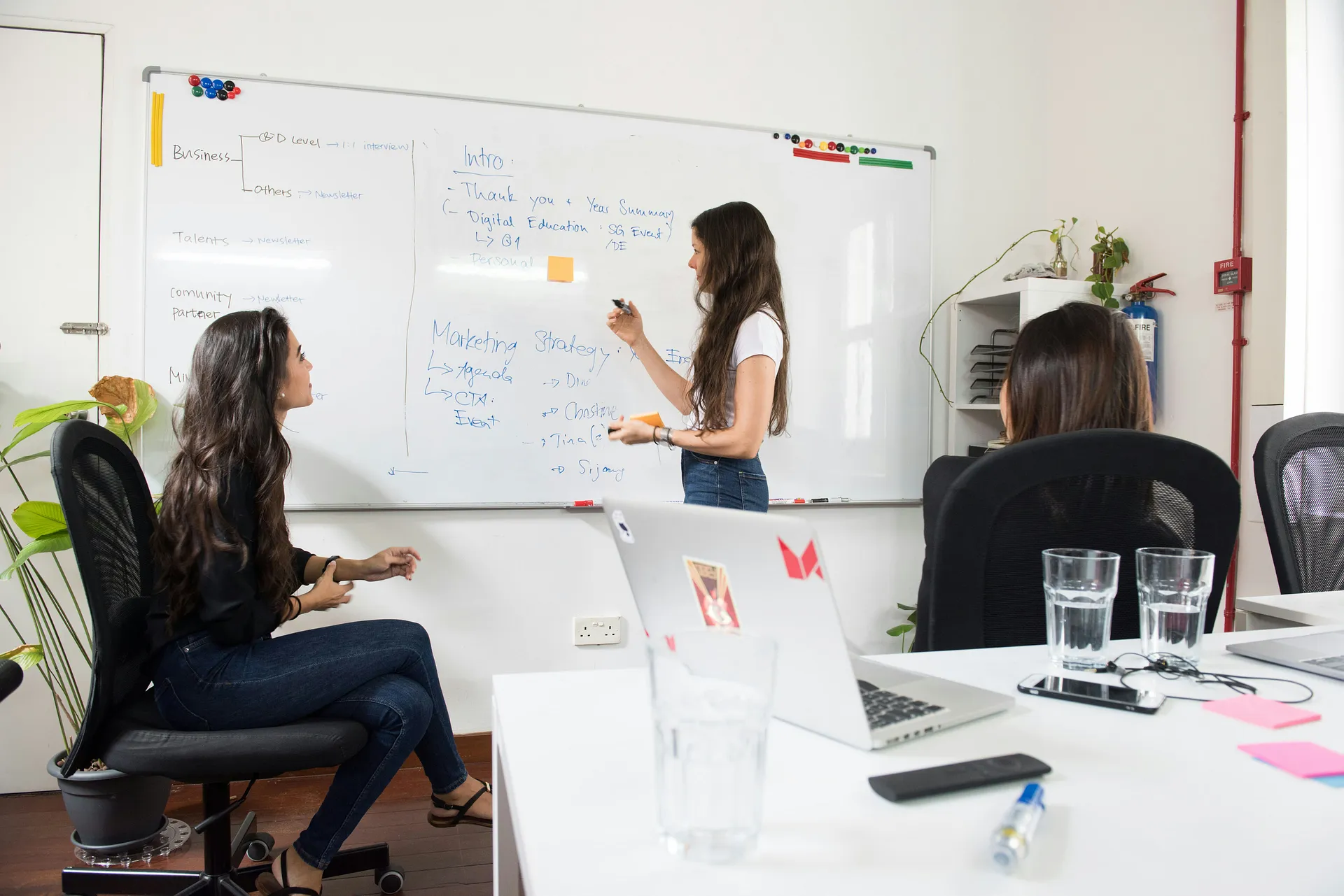 Team collaborating on marketing strategy ideas in a modern office with whiteboard notes