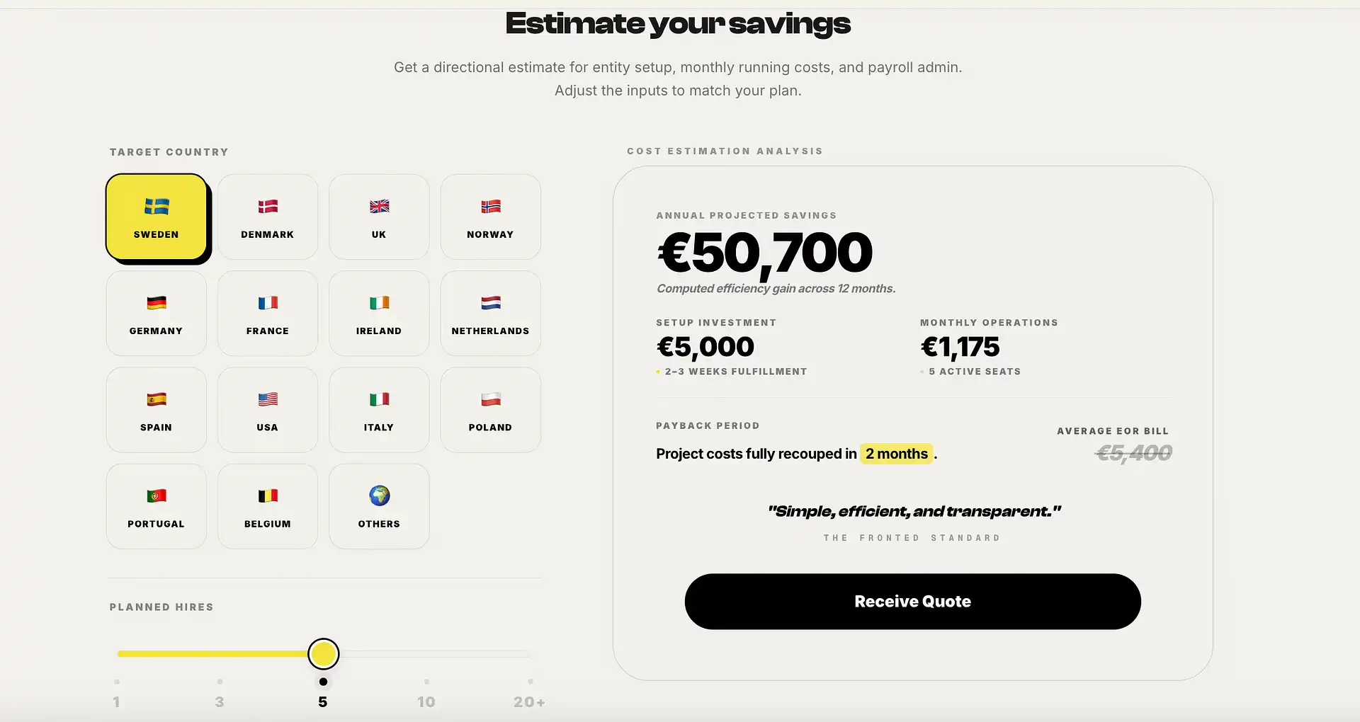 Employer of Record savings calculator estimating global hiring costs, entity setup expenses, payroll administration, and international employment savings.