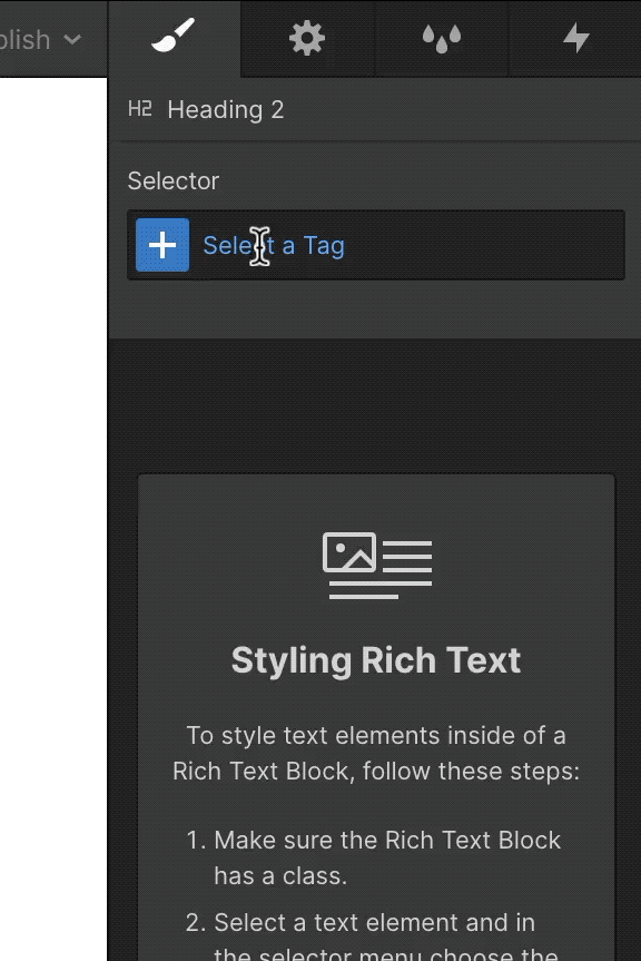 Give the rich text block a class, then style base tags for elements within that rich text block class.