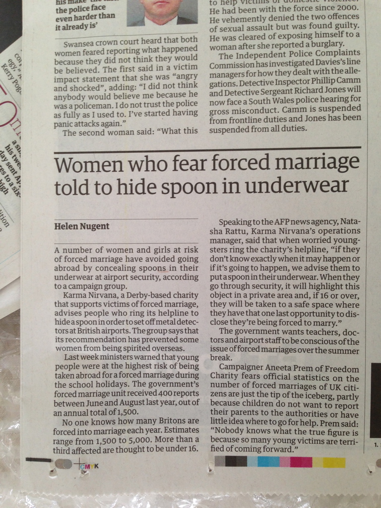 The Guardian, 15 August 2013, forced marriage spoon article quoting Aneeta Prem.