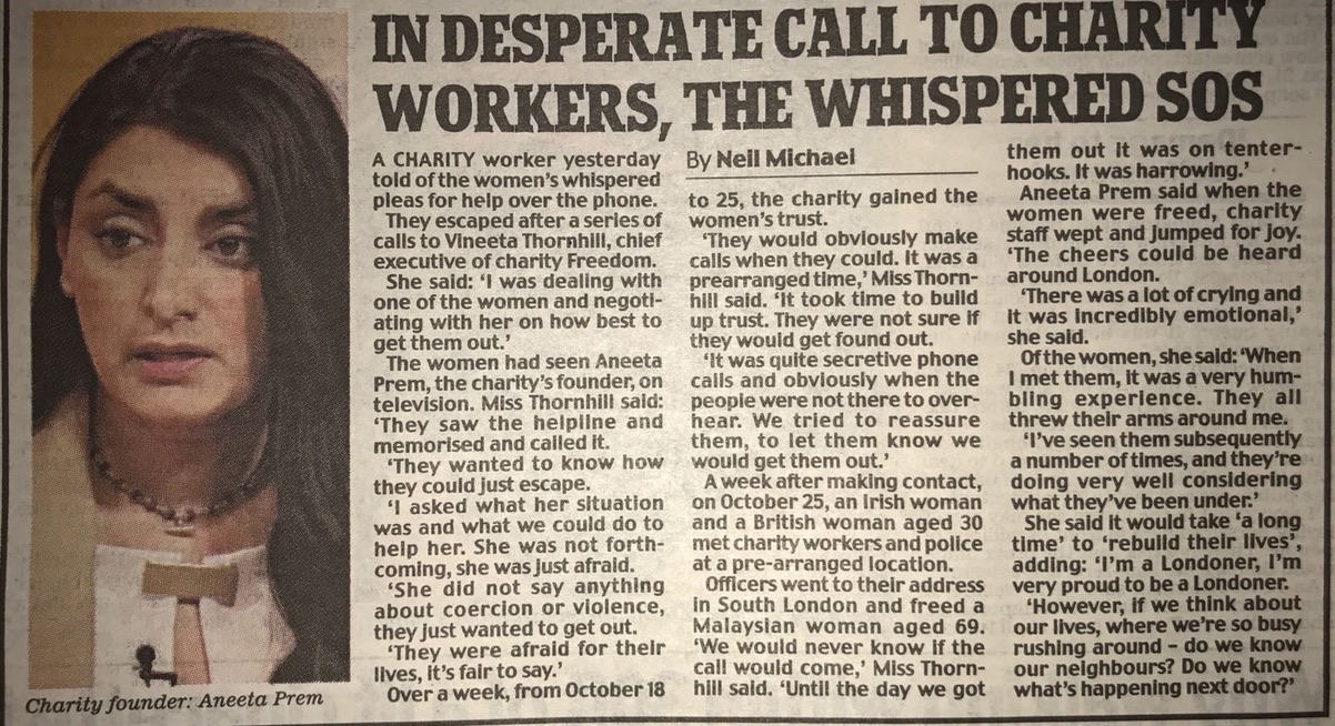 2013 newspaper cutting In desperate call to charity workers, the whispered SOS, reporting Freedom Charity's role and featuring Aneeta Prem.