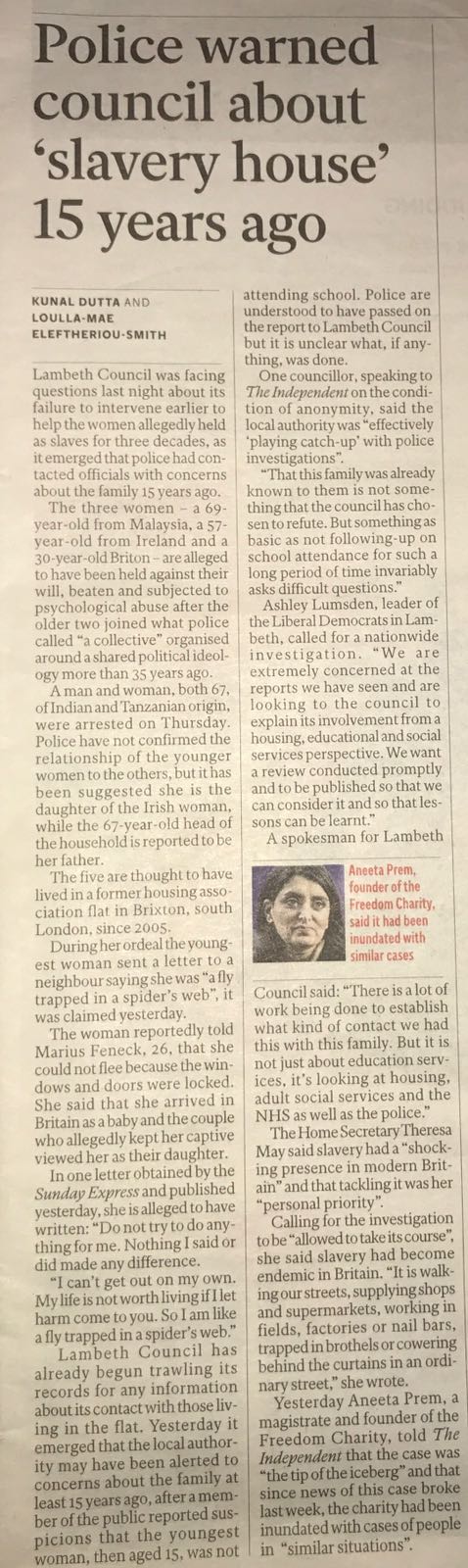 The Independent 2013 slavery coverage quoting Aneeta Prem of Freedom Charity