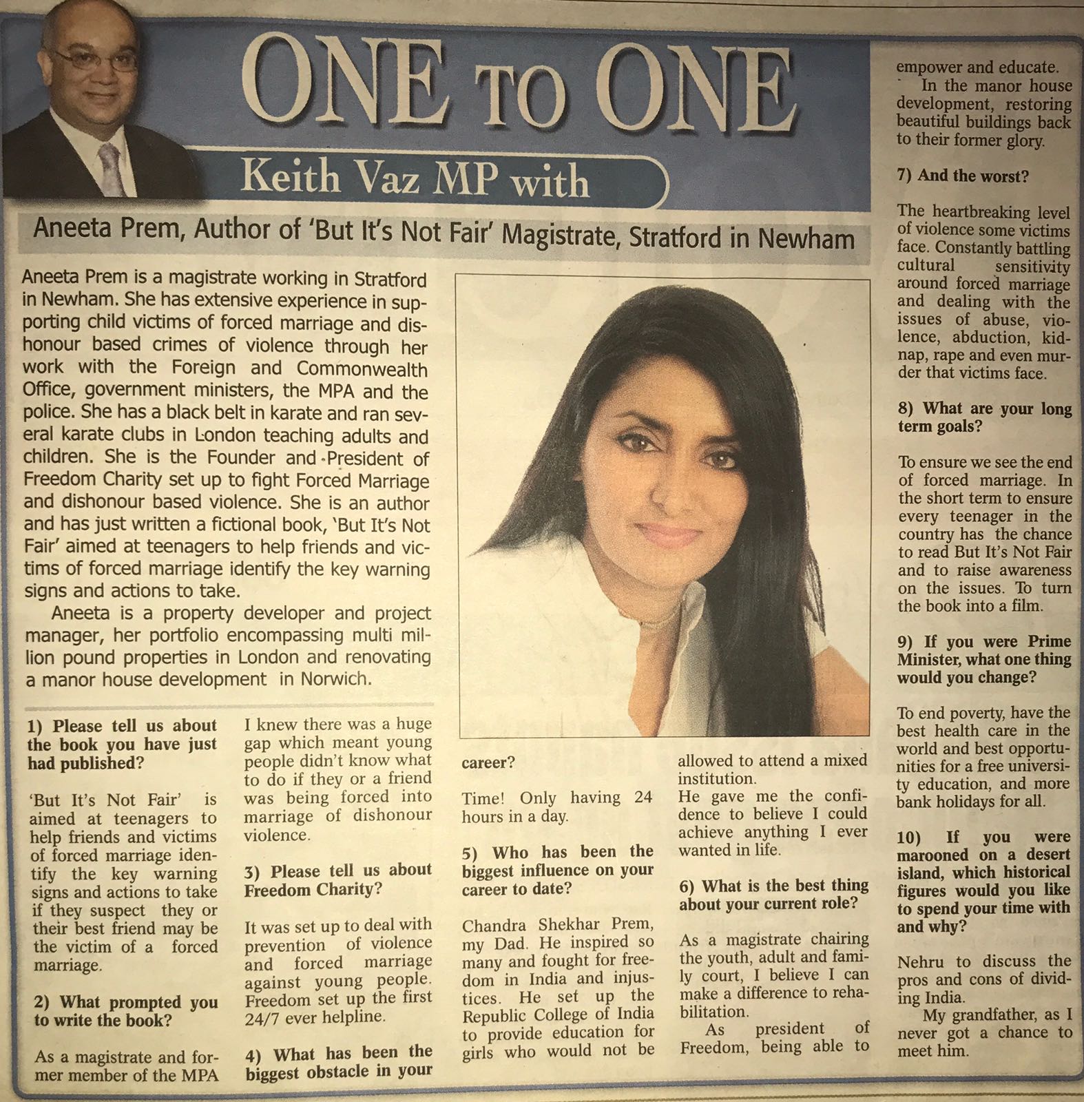 One to One interview by Keith Vaz MP with Aneeta Prem about forced marriage and But It's Not Fair