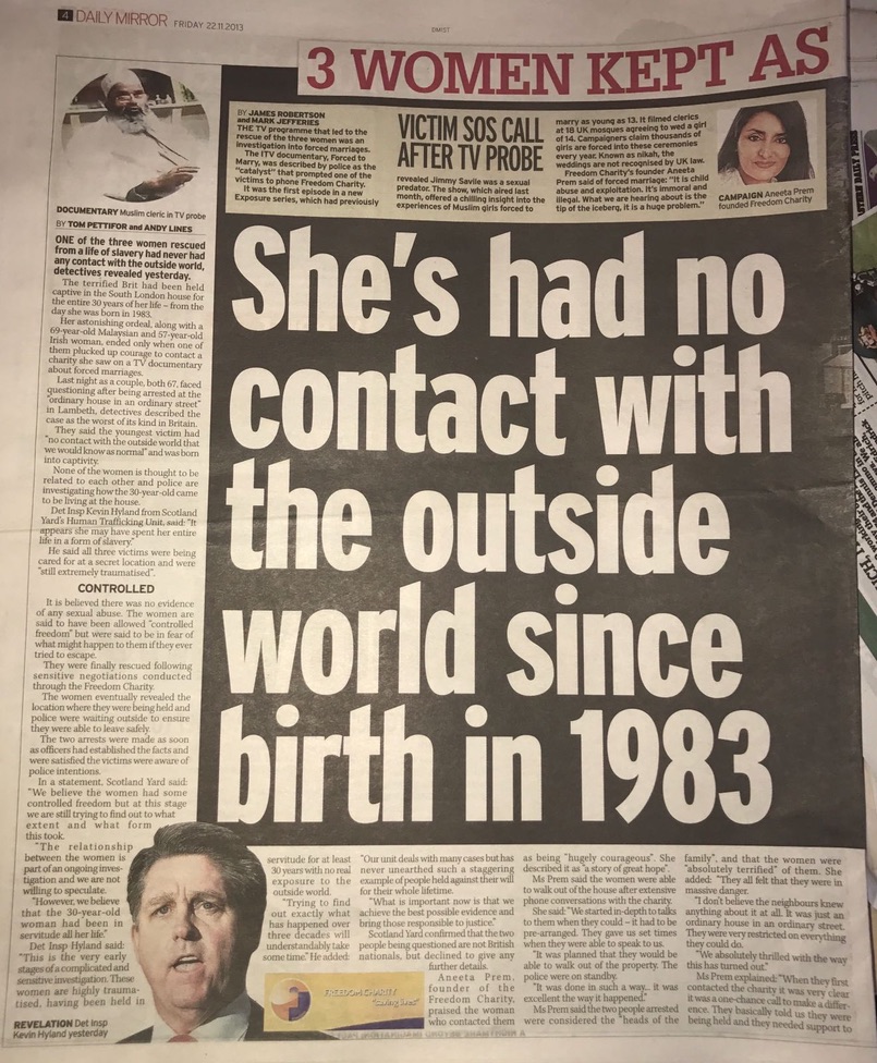 Daily Mirror, 22 November 2013, slavery coverage with Aneeta Prem pictured and Freedom Charity SOS sidebar.