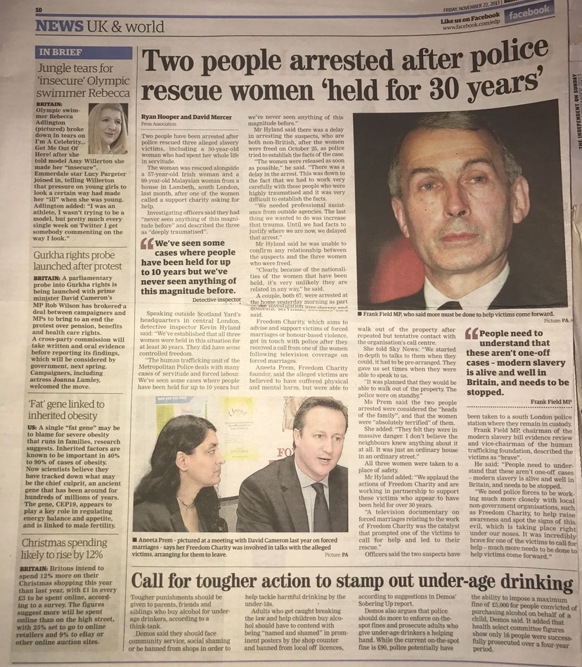 2013 newspaper coverage of women held for 30 years, including a photograph of Aneeta Prem meeting David Cameron