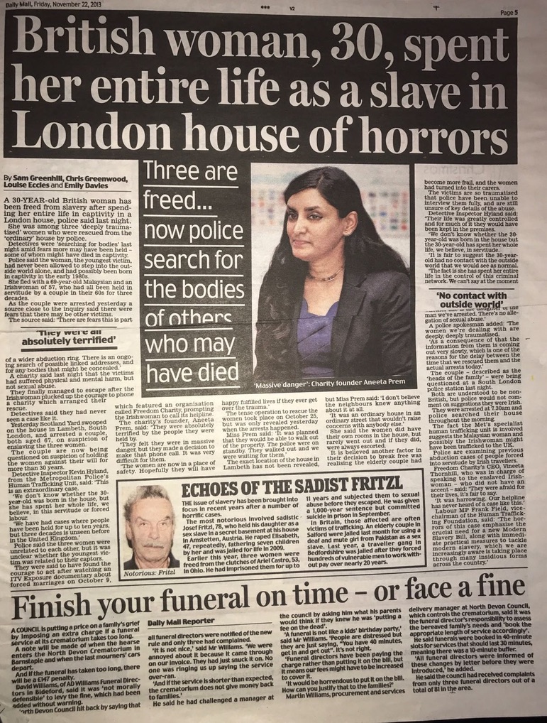Daily Mail, Friday 22 November 2013, slavery coverage with Aneeta Prem pictured.