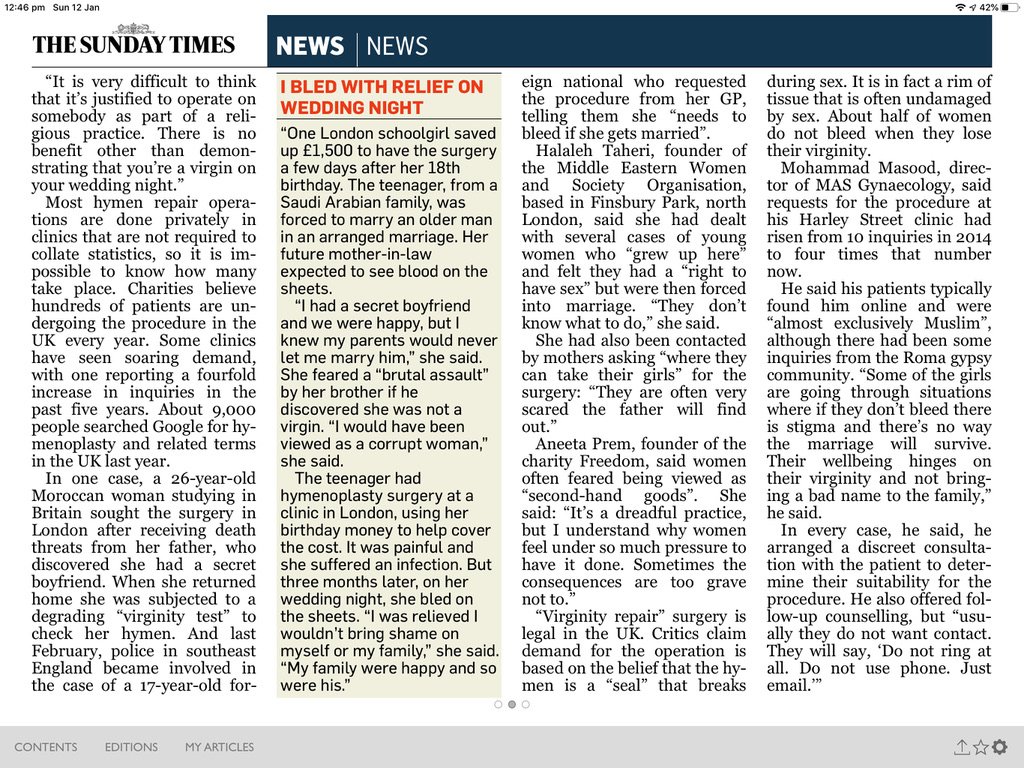 The Times, 12 January 2020, virginity repair investigation, page 2 quoting Freedom Charity.