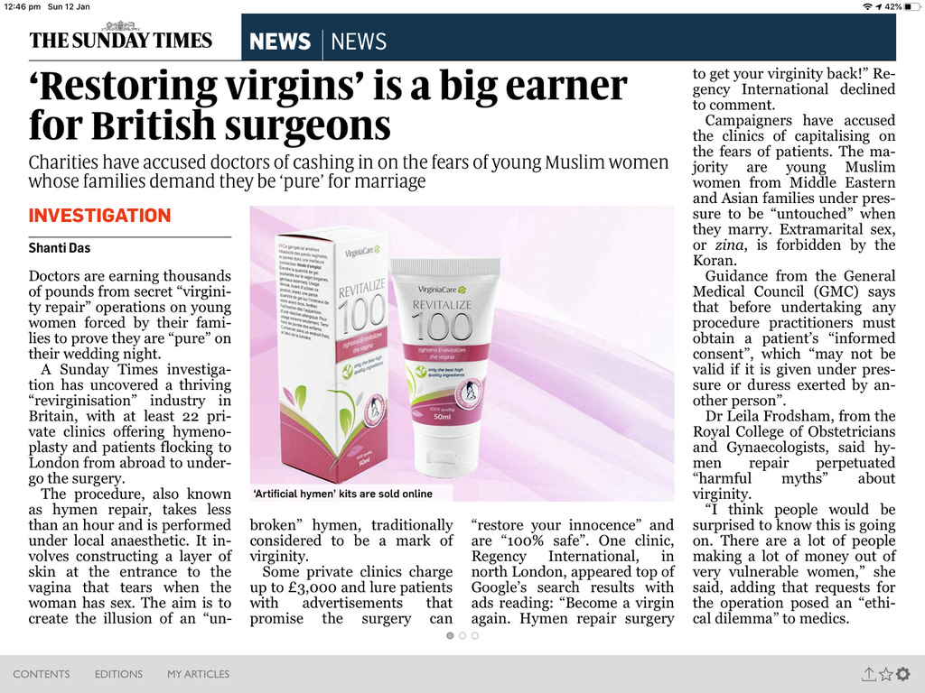 The Sunday Times investigation into virginity repair surgery