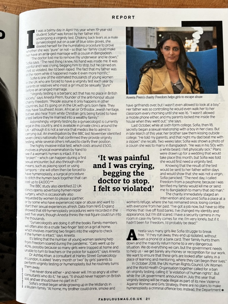 Fabulous magazine report on virginity testing and abuse featuring Aneeta Prem of Freedom Charity