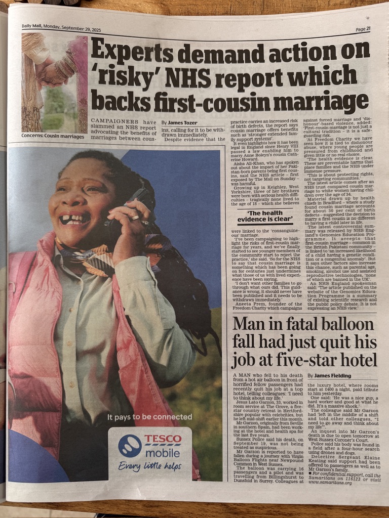Daily Mail, 29 September 2025, article on first-cousin marriage quoting Aneeta Prem and Freedom Charity