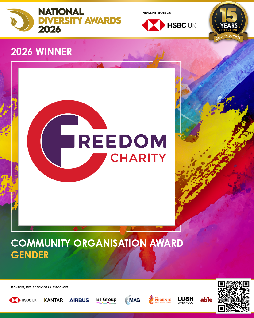 National Diversity Awards 2026 winner graphic for Freedom Charity, Community Organisation Award for Gender.