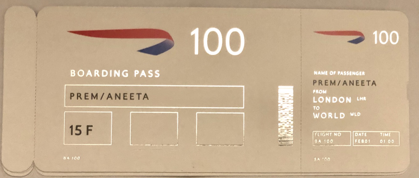 British Airways BA100 centenary boarding pass bearing the name Prem/Aneeta.