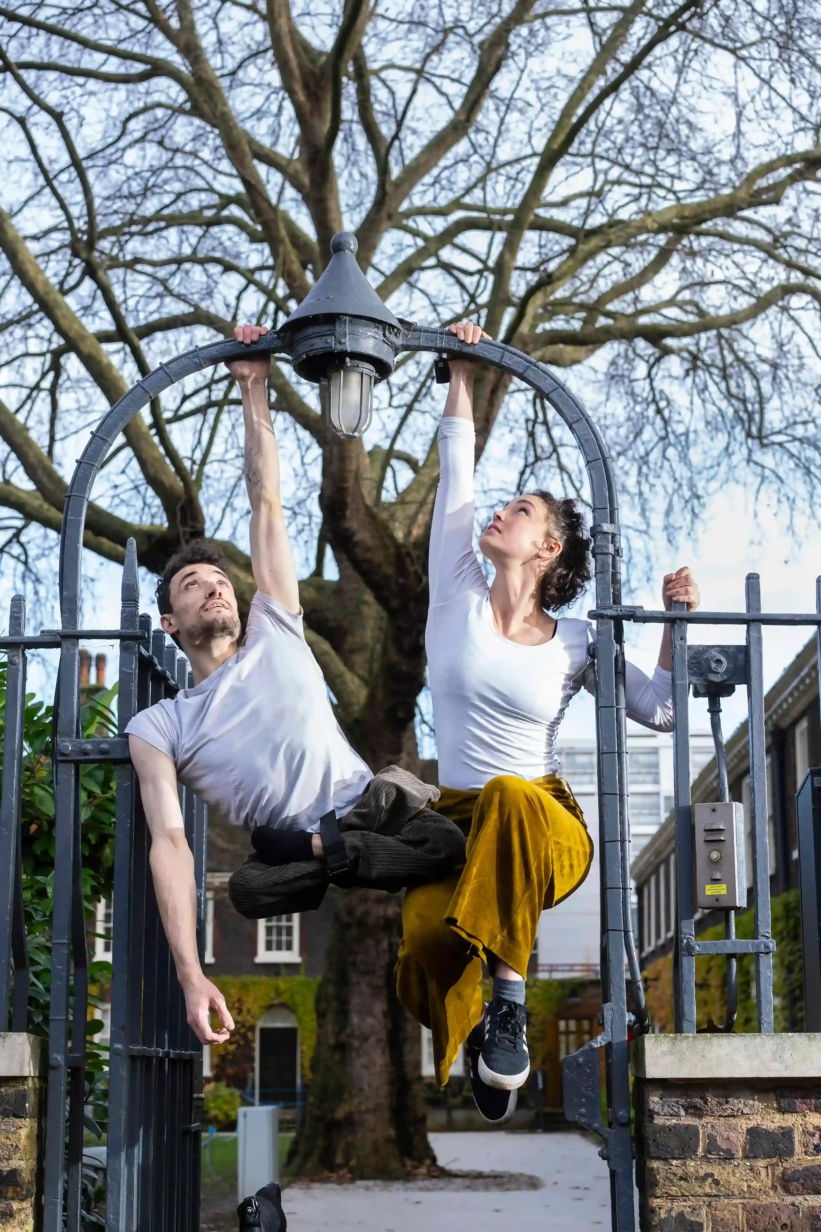 Jonny and Tilly hanging from their hands on a tall gate