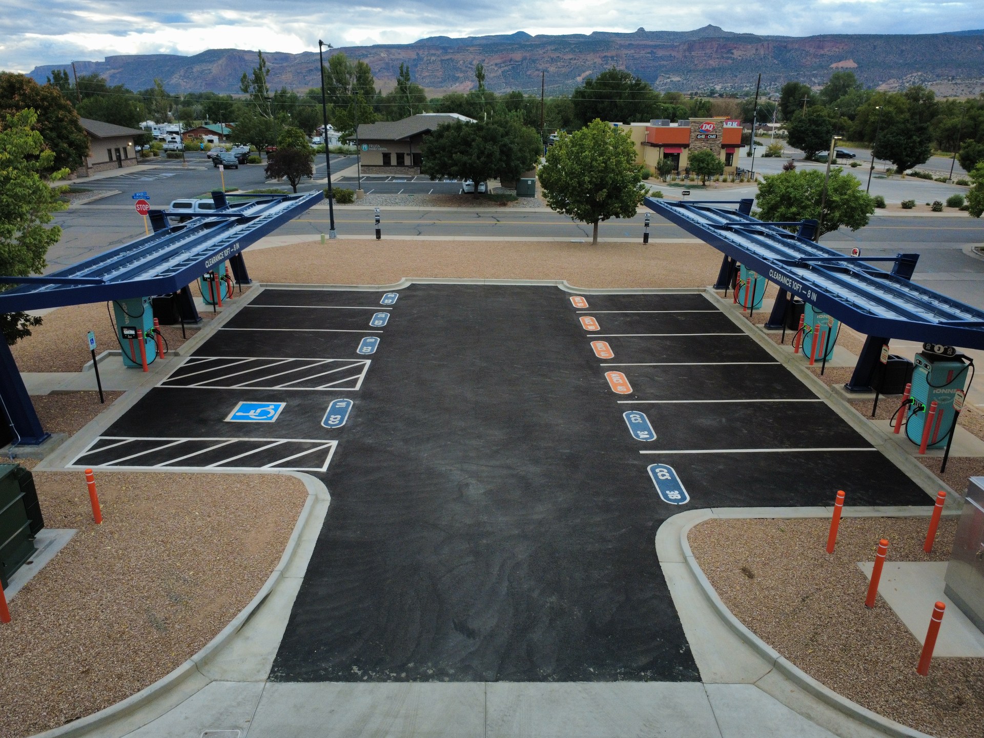 Fruita EV charger parking with mesa Colorado landscape in the background