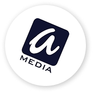 Logo with a lowercase white letter 'a' on a tilted dark blue square background and the word MEDIA beneath it.