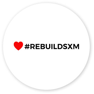 Red heart icon followed by the hashtag #REBUILDSXM in bold black letters inside a circular frame.