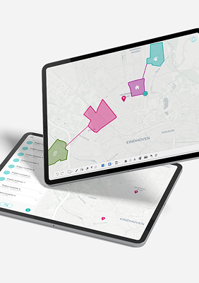 Two tablets displaying a map of Eindhoven with highlighted zones in green, pink, and purple, and location markers.