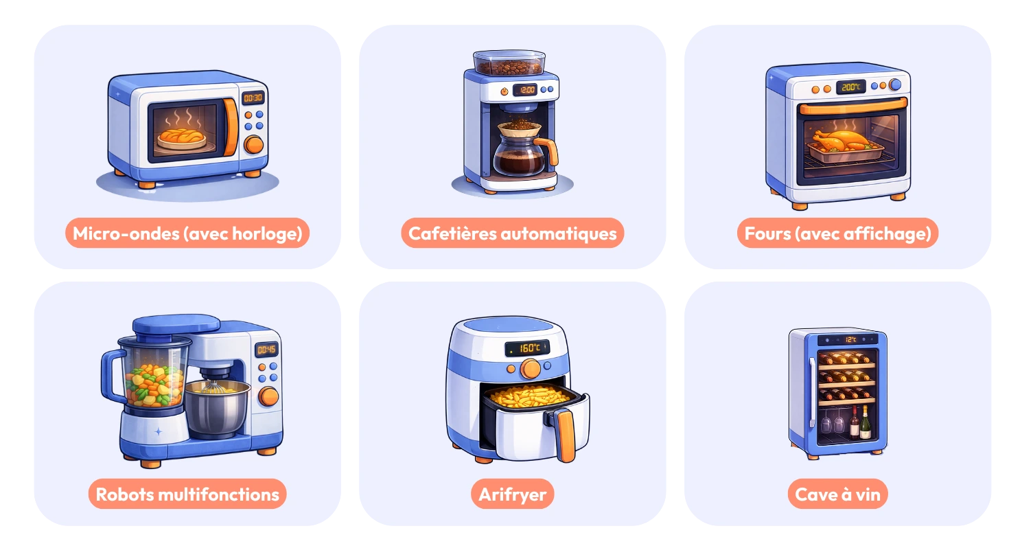 Micro-ondes (avec horloge), cafetière automatique, fours (avec affichage), robots multifonctions, airfryer, cave à vin