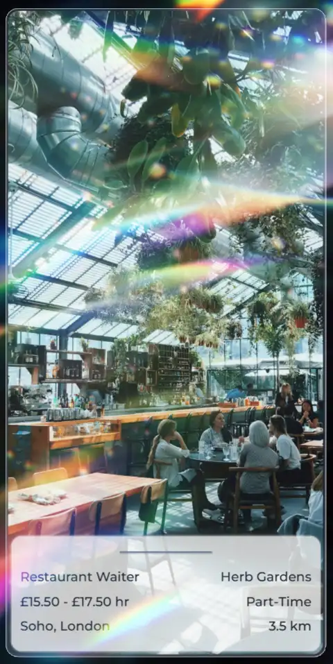 An Avantisea in-app job card - includes image of workplace/the team, salary, job title, company name, position type, flexibility, location, and distance. Restaurant Waiter in Soho, London