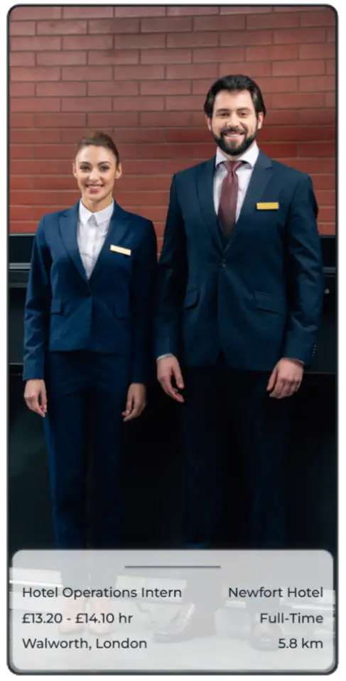 An Avantisea in-app job card - includes image of workplace/the team, salary, job title, company name, position type, flexibility, location, and distance. Hotel Operations Intern in Walworth, London