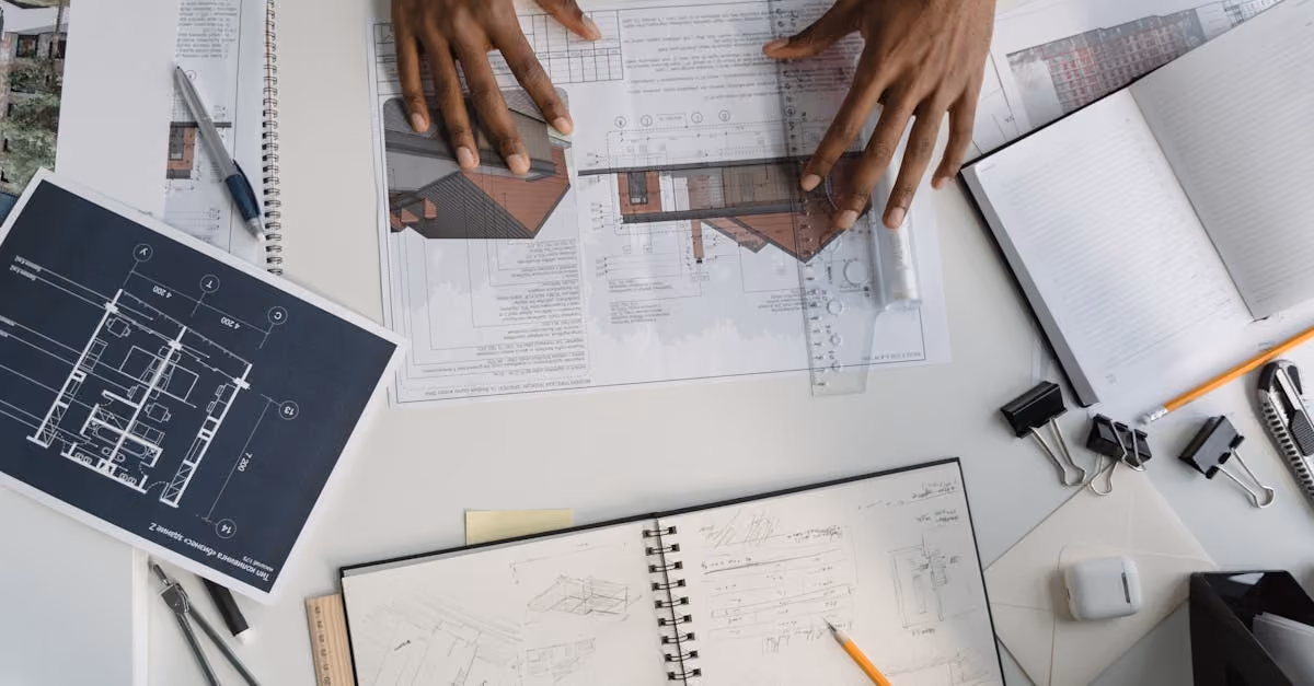 Architect analyzing blueprints and sketches at a modern workspace.