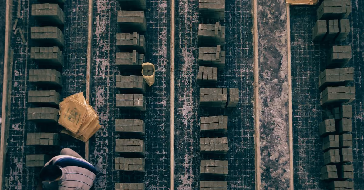Top view of stacked wooden blocks in an industrial setting, showcasing alignment and organization.