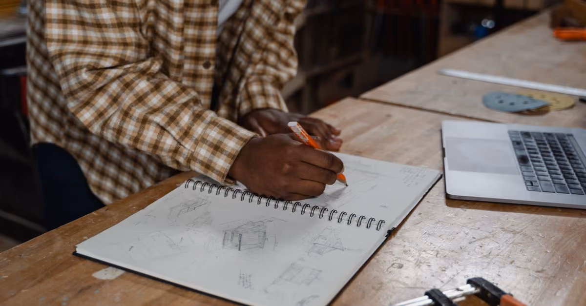 Carpenter sketching designs at a workshop table with tools and a laptop nearby.